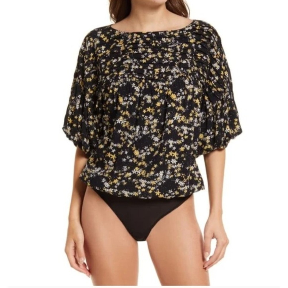 Intimately Free People Black Floral Pleated Puff Sleeve Bodice Bodysuit Large